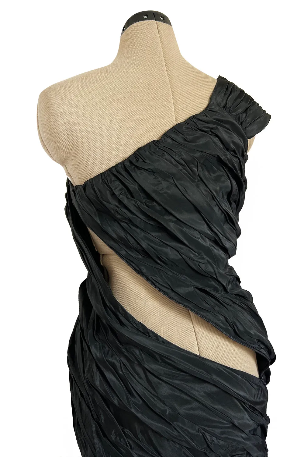 1980s Antony Price Hand Gathered One Shoulder Black Taffeta Dress