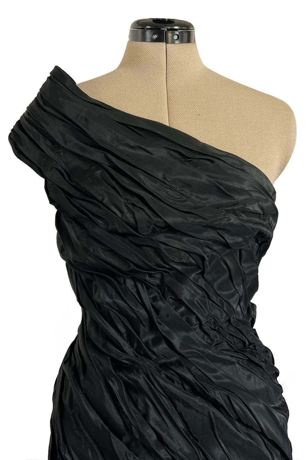 1980s Antony Price Hand Gathered One Shoulder Black Taffeta Dress