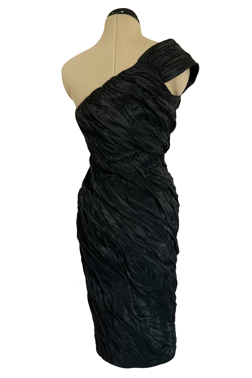 1980s Antony Price Hand Gathered One Shoulder Black Taffeta Dress