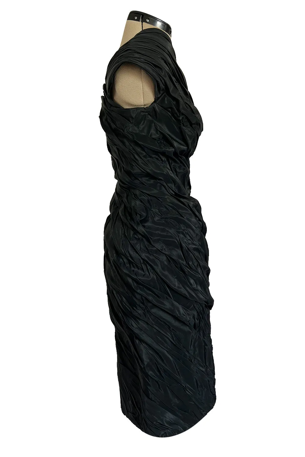 1980s Antony Price Hand Gathered One Shoulder Black Taffeta Dress