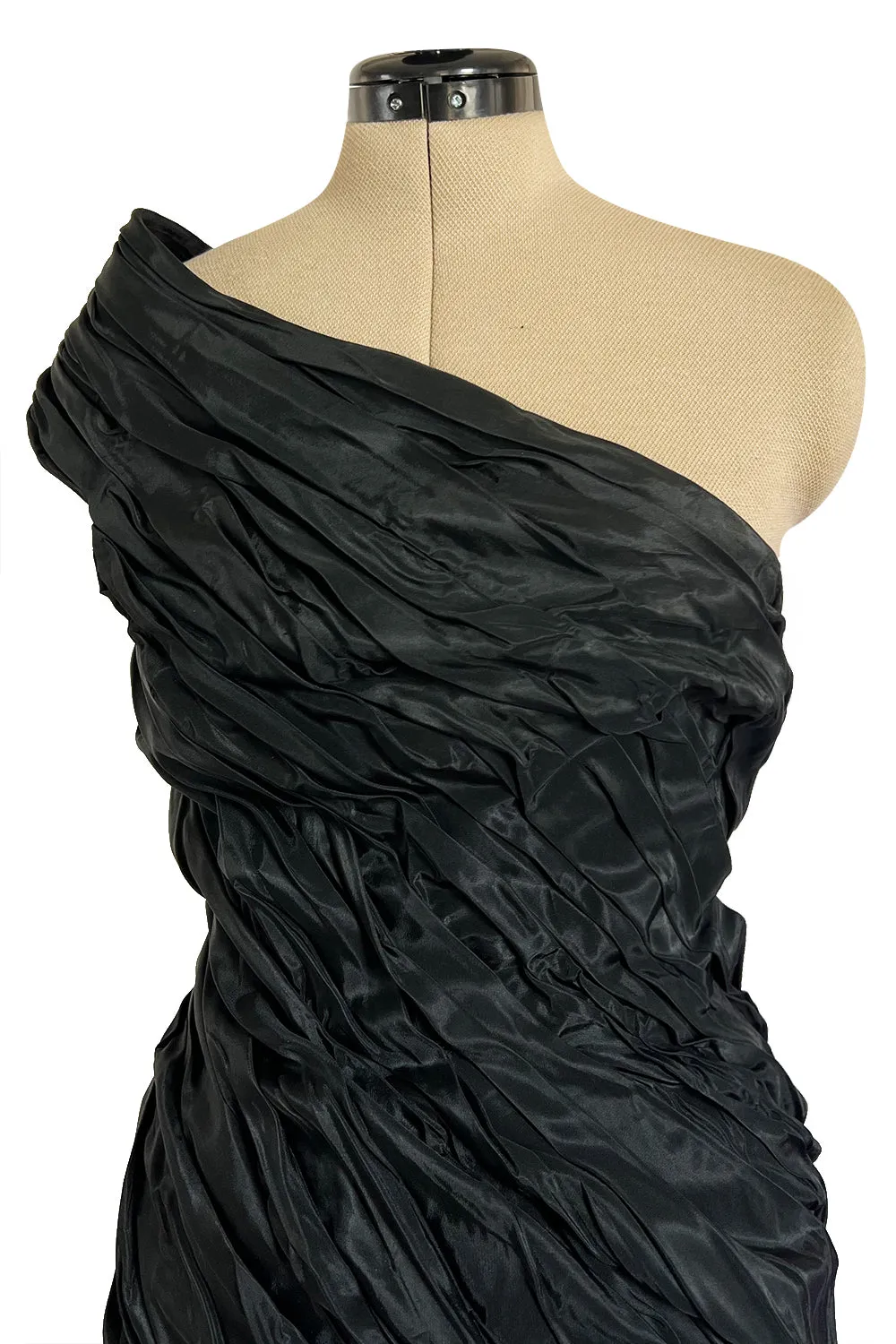 1980s Antony Price Hand Gathered One Shoulder Black Taffeta Dress