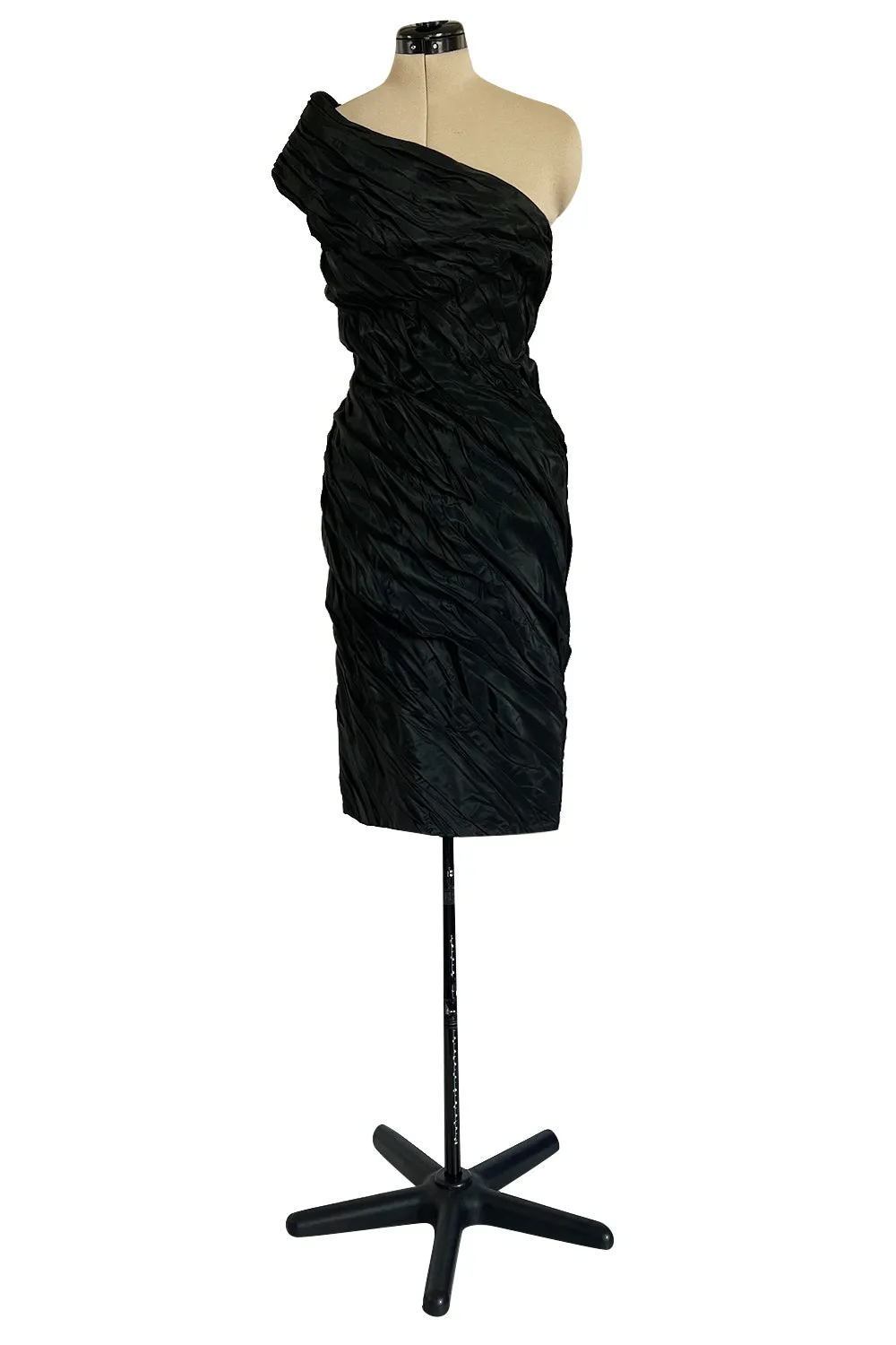 1980s Antony Price Hand Gathered One Shoulder Black Taffeta Dress