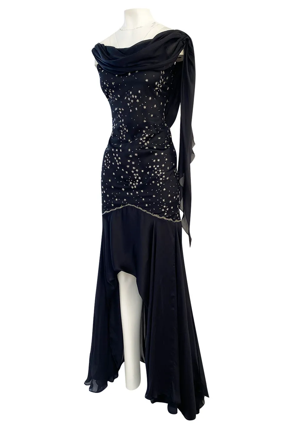 1980s Genny Draped Backless Black Silk Dress w Silver Star Thread Detailing