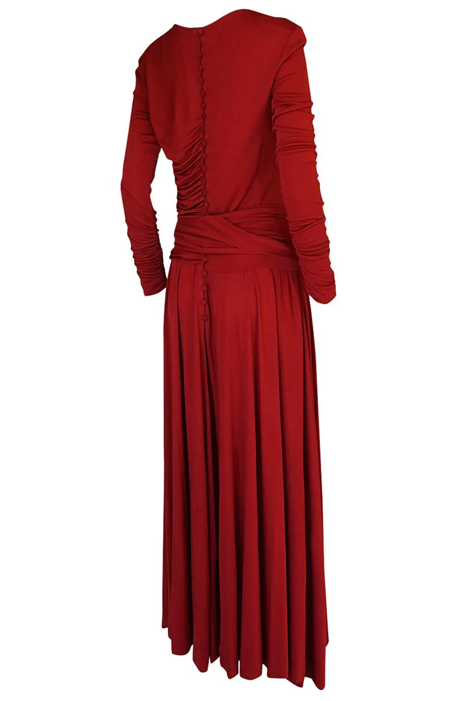 1980s Karl Lagerfeld Supermodel Length Deep Red Silk Jersey Dress w Sash
