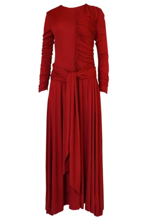 1980s Karl Lagerfeld Supermodel Length Deep Red Silk Jersey Dress w Sash