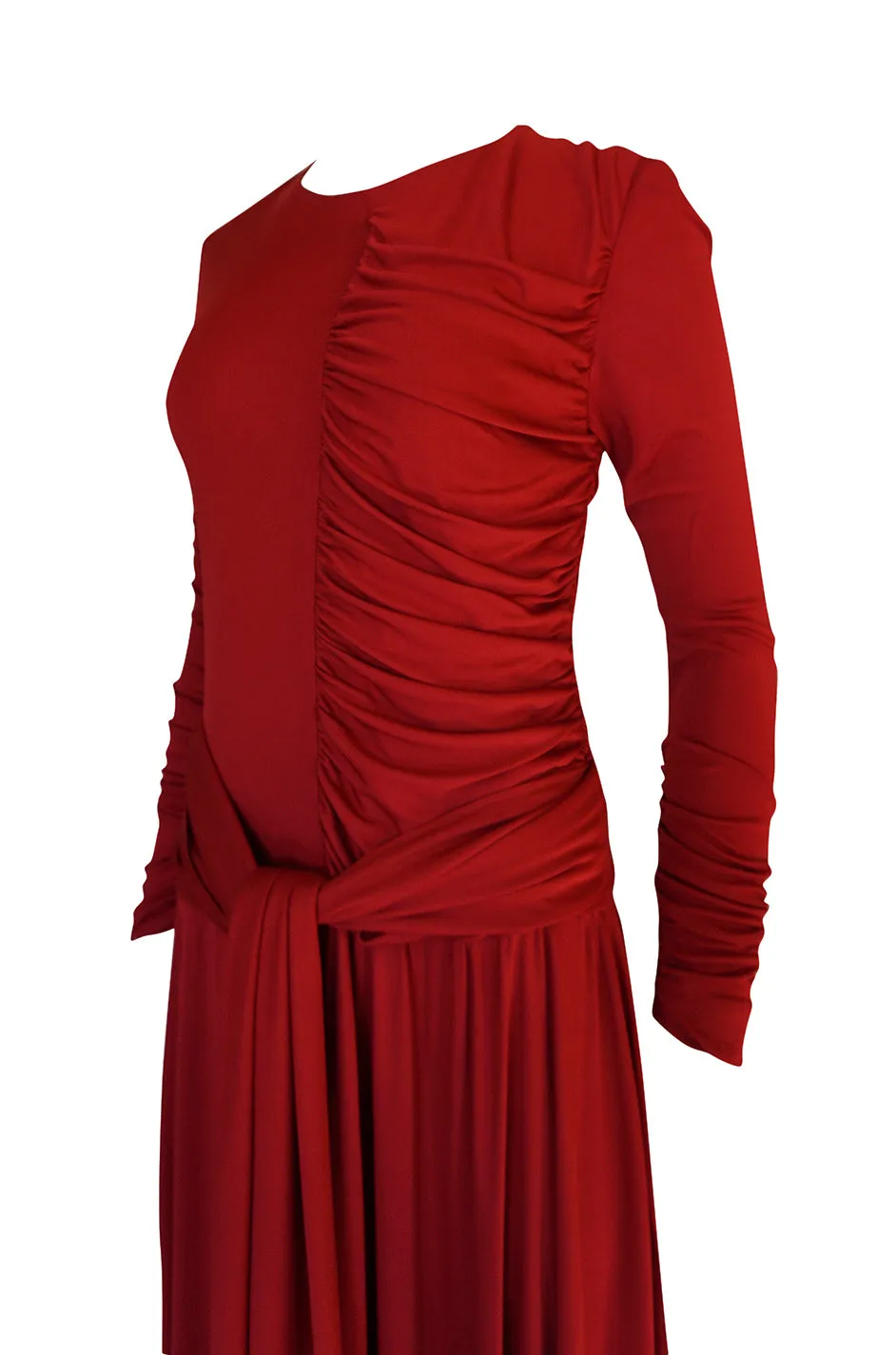 1980s Karl Lagerfeld Supermodel Length Deep Red Silk Jersey Dress w Sash