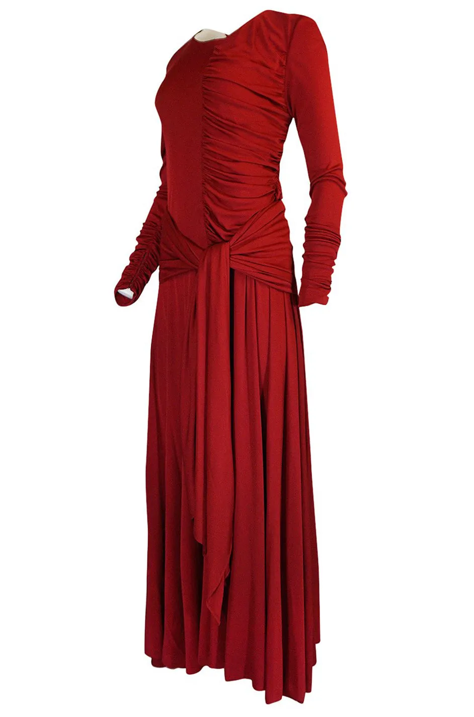 1980s Karl Lagerfeld Supermodel Length Deep Red Silk Jersey Dress w Sash