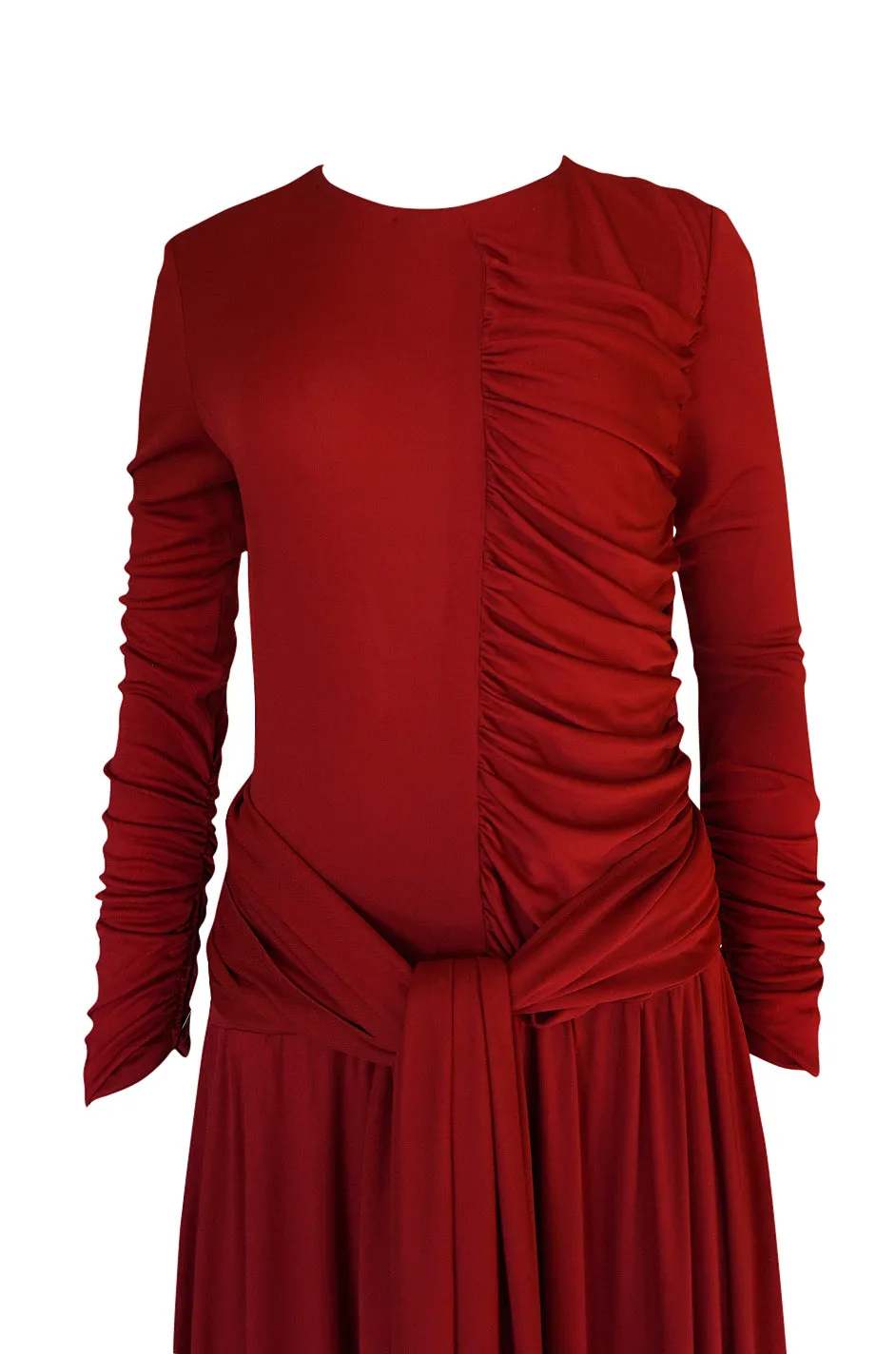 1980s Karl Lagerfeld Supermodel Length Deep Red Silk Jersey Dress w Sash