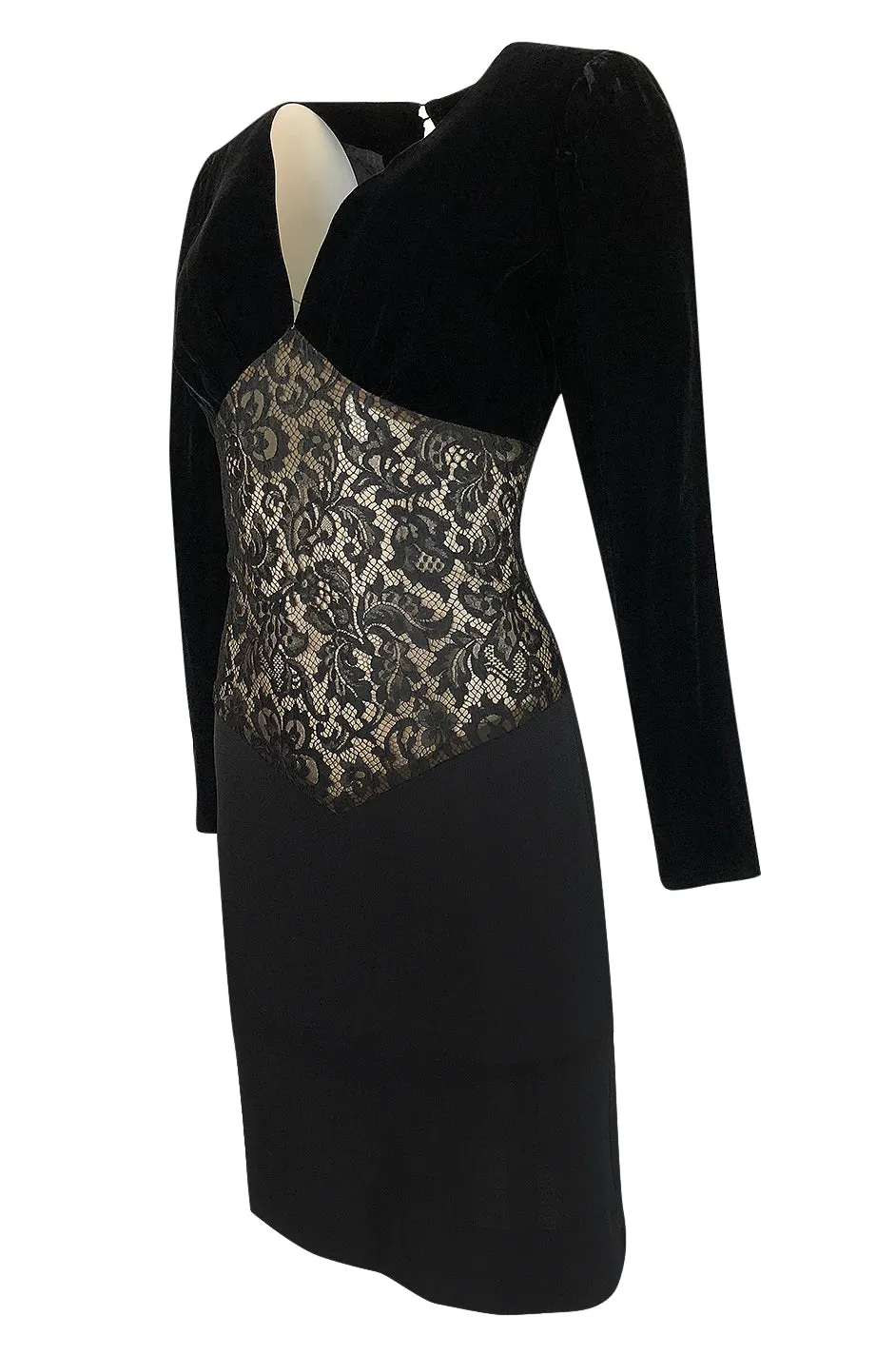 1980s Yves Saint Laurent Black Velvet, Lace & Jersey Dress