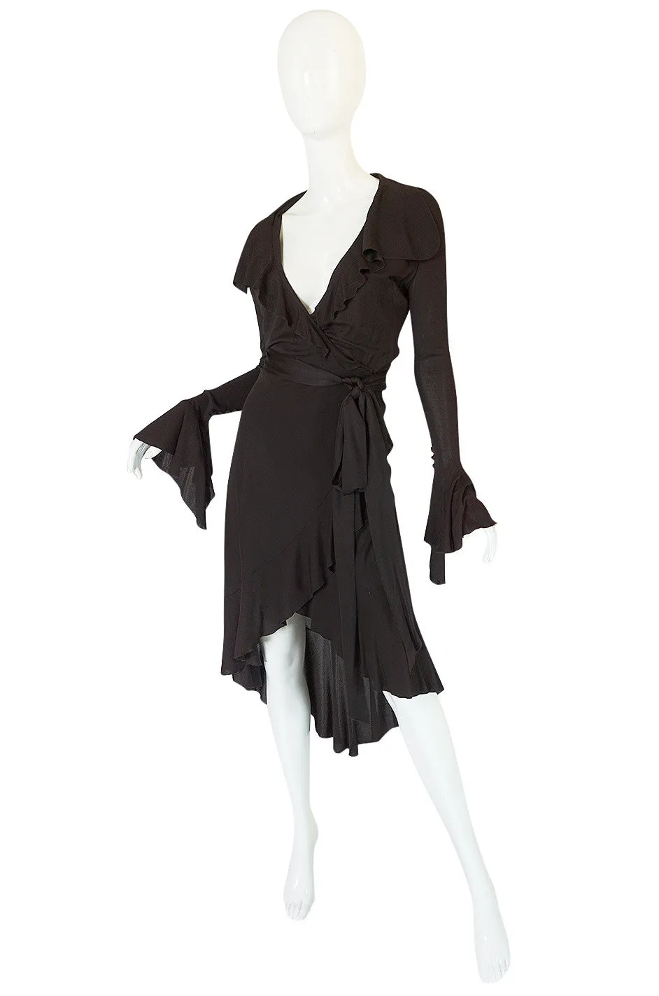1990s Chocolate Givenchy Wrapped Ruffled Jersey Dress