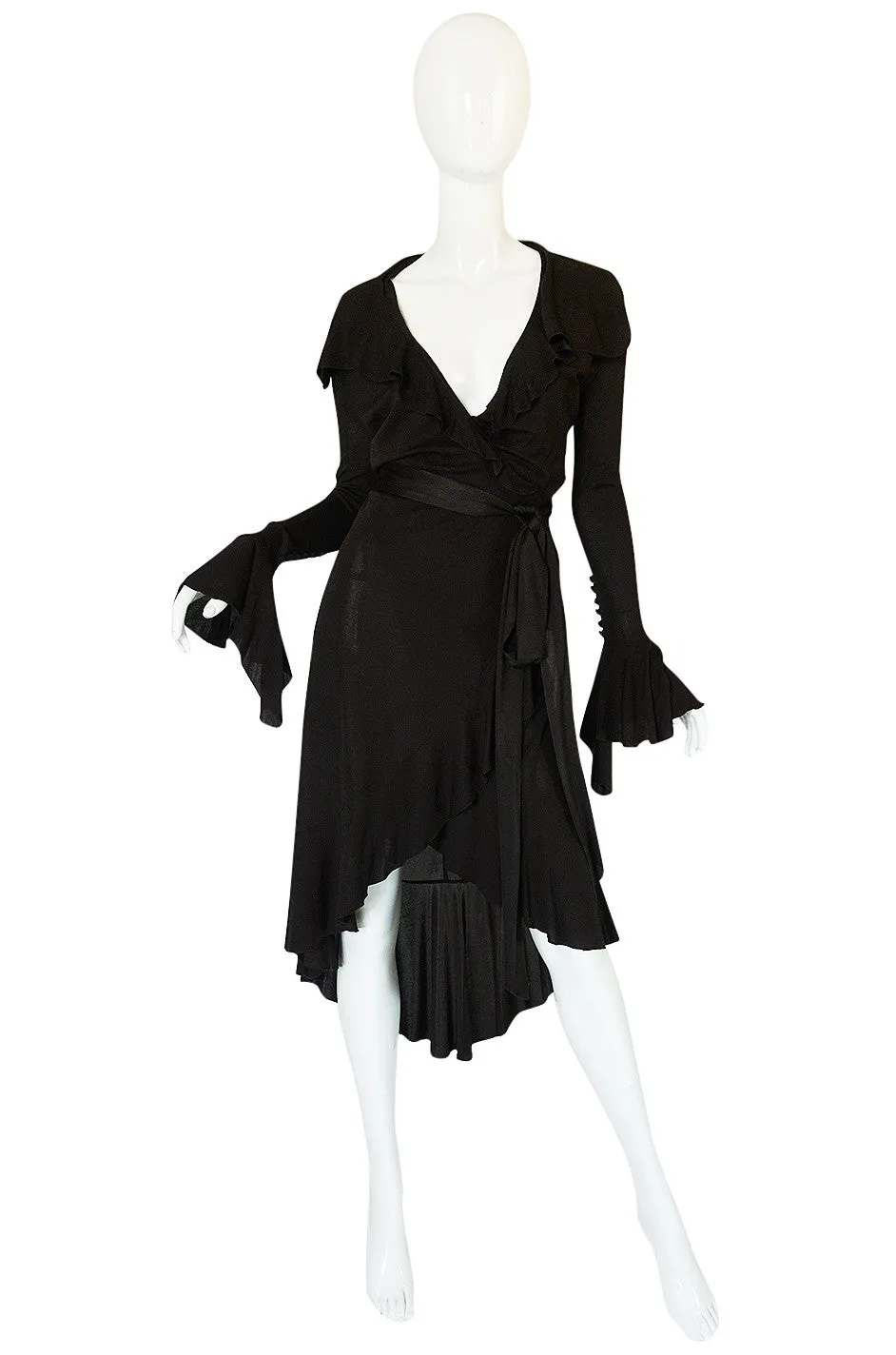 1990s Chocolate Givenchy Wrapped Ruffled Jersey Dress