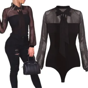 1PCS Bodysuit Bowtie Black Mock Neck Transparent Blouse