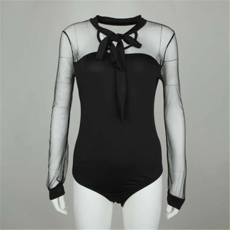 1PCS Bodysuit Bowtie Black Mock Neck Transparent Blouse