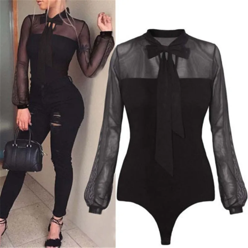 1PCS Bodysuit Bowtie Black Mock Neck Transparent Blouse
