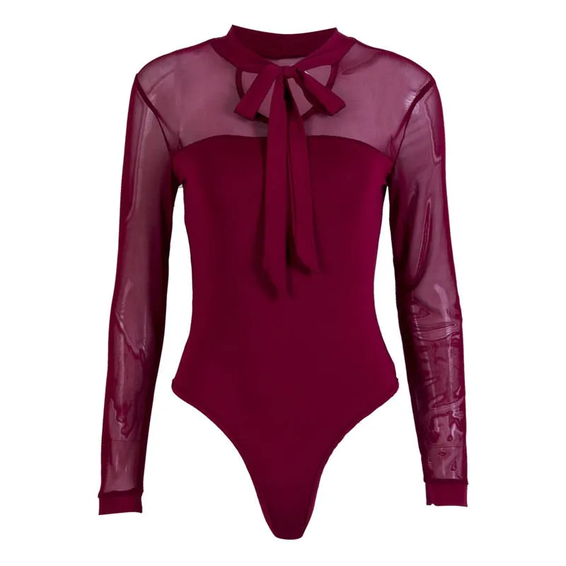 1PCS Bodysuit Bowtie Black Mock Neck Transparent Blouse