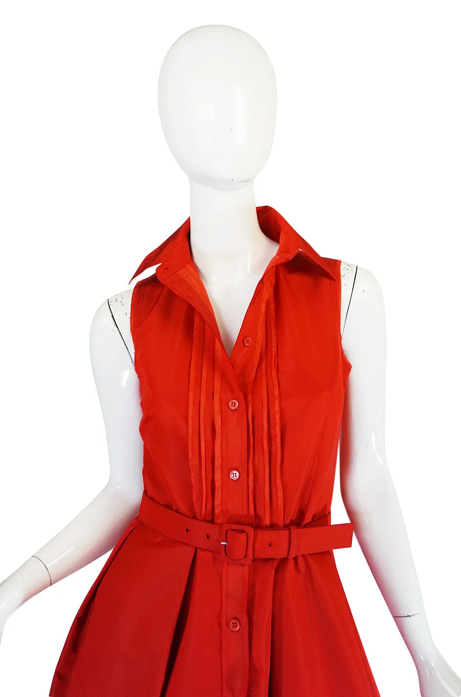 2000s Chic Prada Red Taffeta Button Front Day Dress