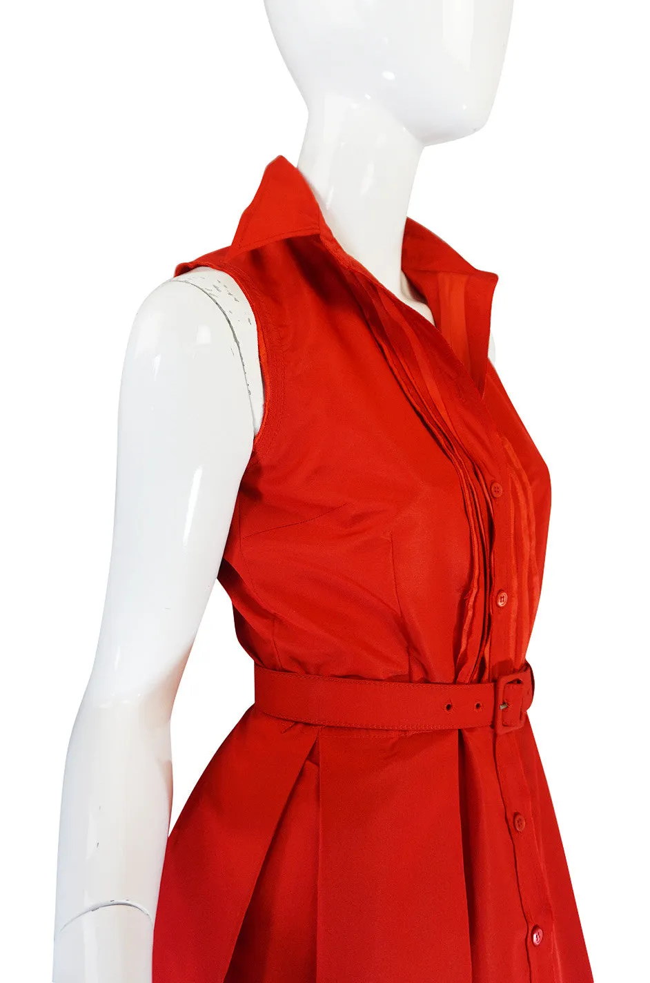 2000s Chic Prada Red Taffeta Button Front Day Dress