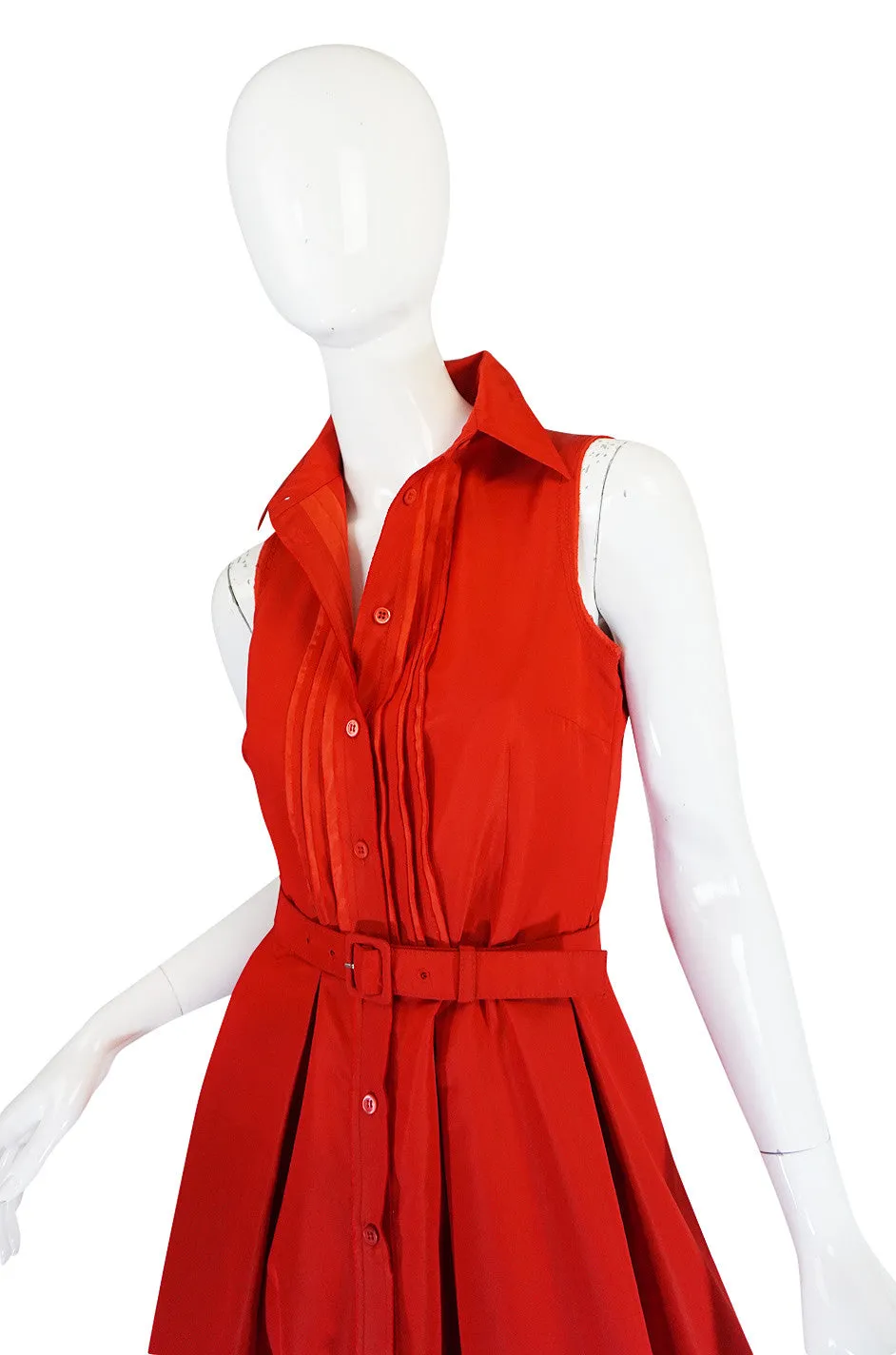 2000s Chic Prada Red Taffeta Button Front Day Dress