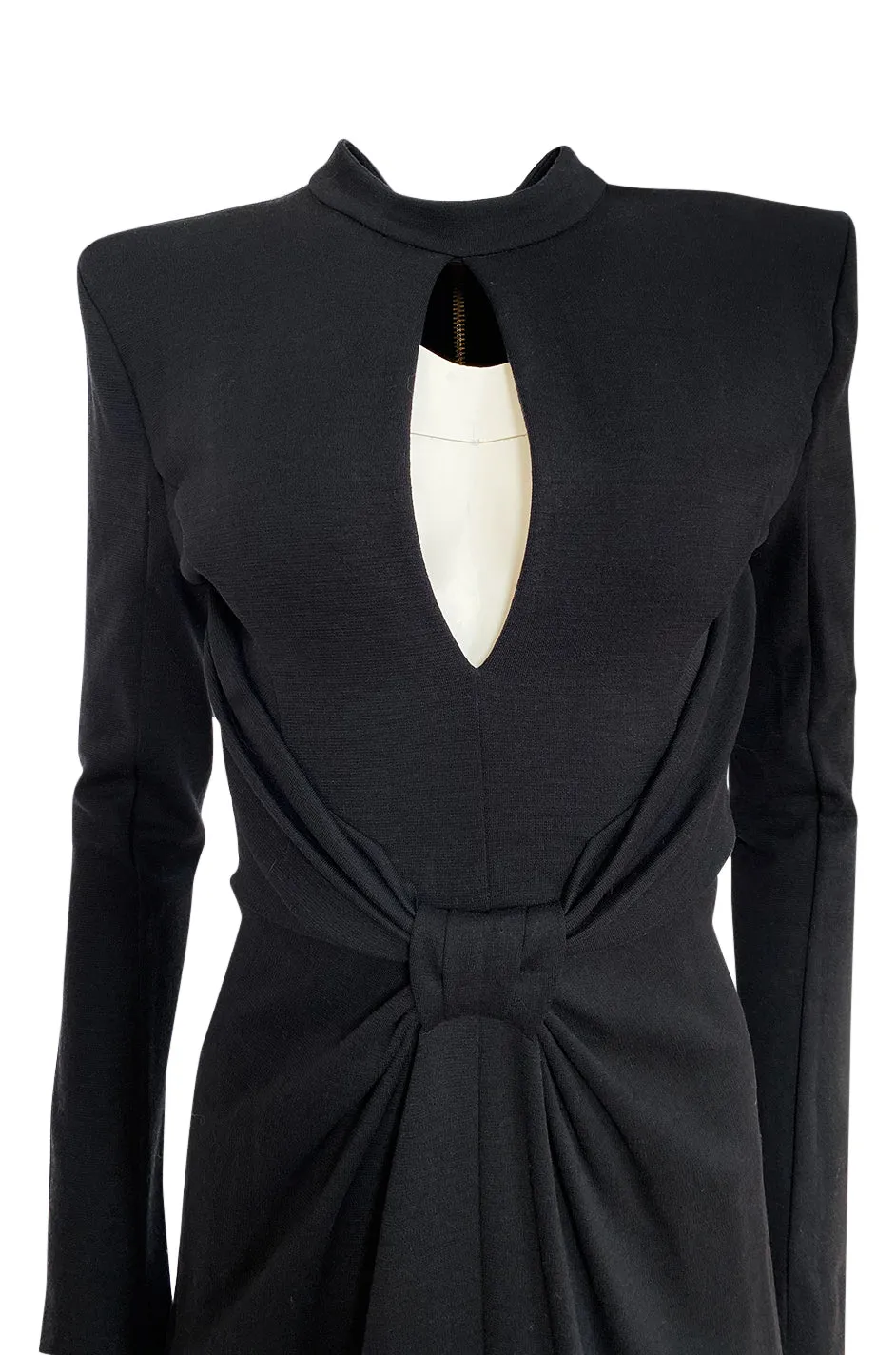 2010s Balmain Black Jersey Dress w Strong Shoulders, Front Knot & Keyhole