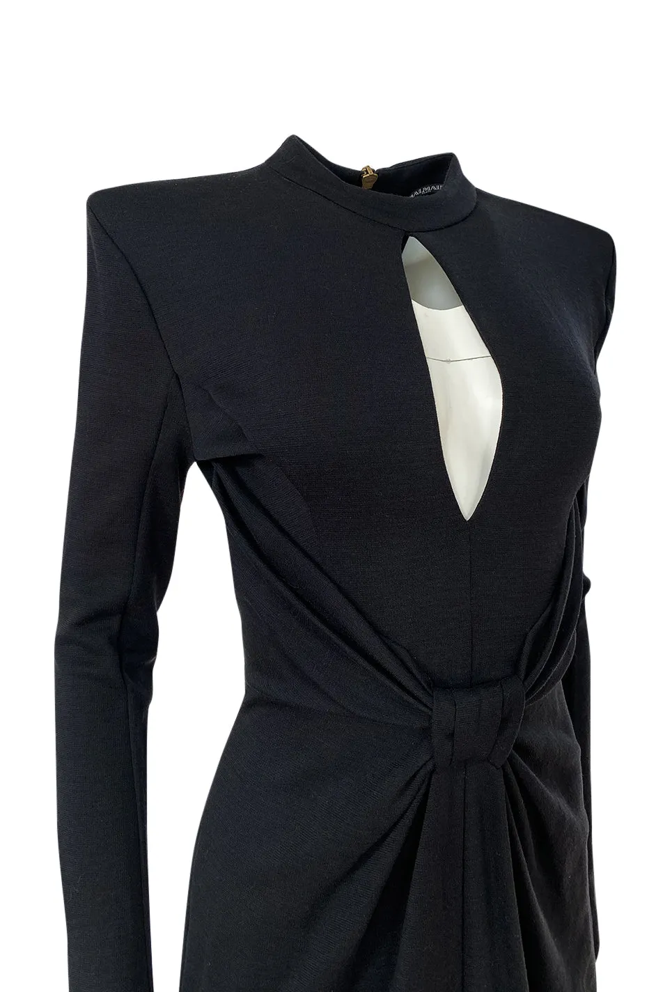 2010s Balmain Black Jersey Dress w Strong Shoulders, Front Knot & Keyhole