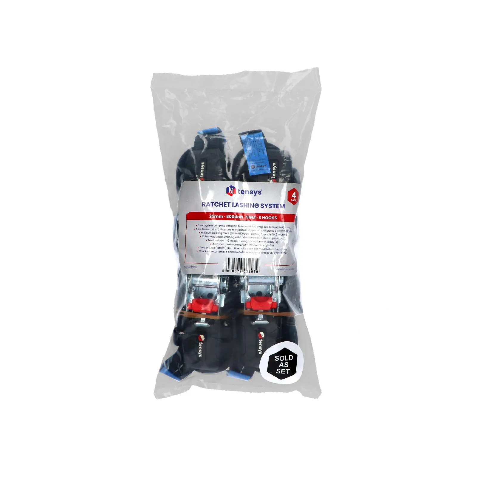 25mm wide, 800kg Premium Ratchet Strap with Soft Grip Moulded Handle and 'S' Hook Ends (Pack of 4)