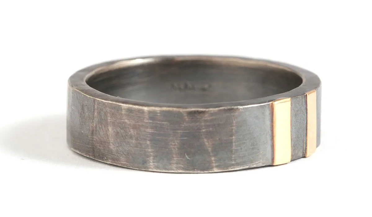 6mm Double Gold Stripe Hammered Oxidized Silver Band