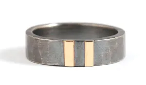 6mm Double Gold Stripe Hammered Oxidized Silver Band