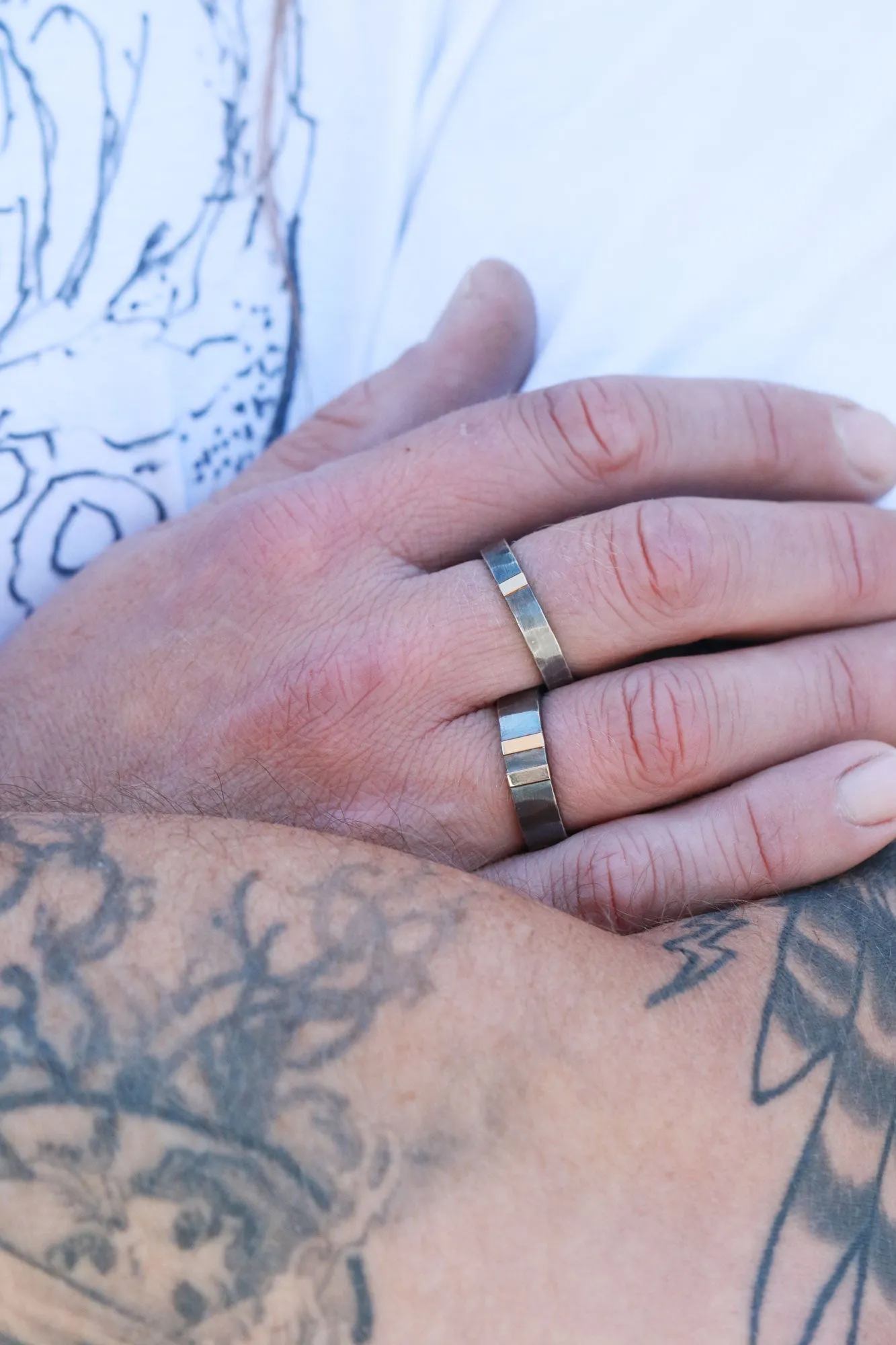 6mm Double Gold Stripe Hammered Oxidized Silver Band