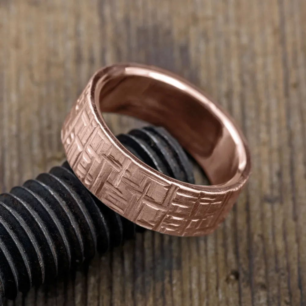 8mm 14K Rose Gold Textured Mens Wedding Band, Matte Finish