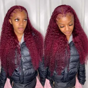 99J Color Curly Lace Front Wig Burgundy Wig Colored Human Hair Wigs
