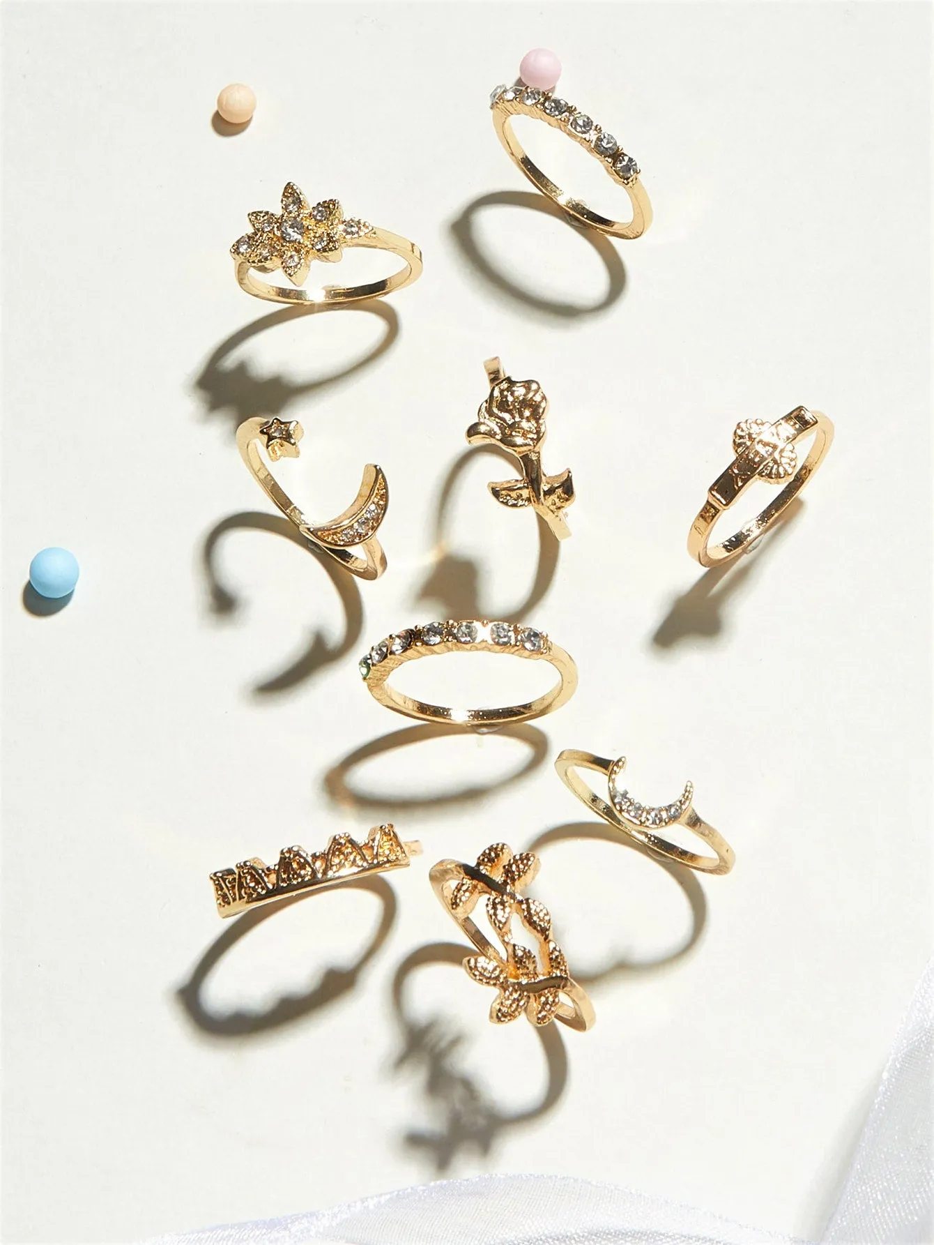 9pcs Rhinestone Decor Moon Rings - Gold