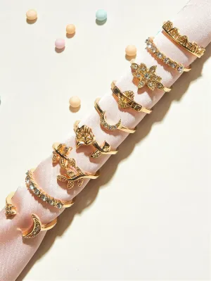 9pcs Rhinestone Decor Moon Rings - Gold