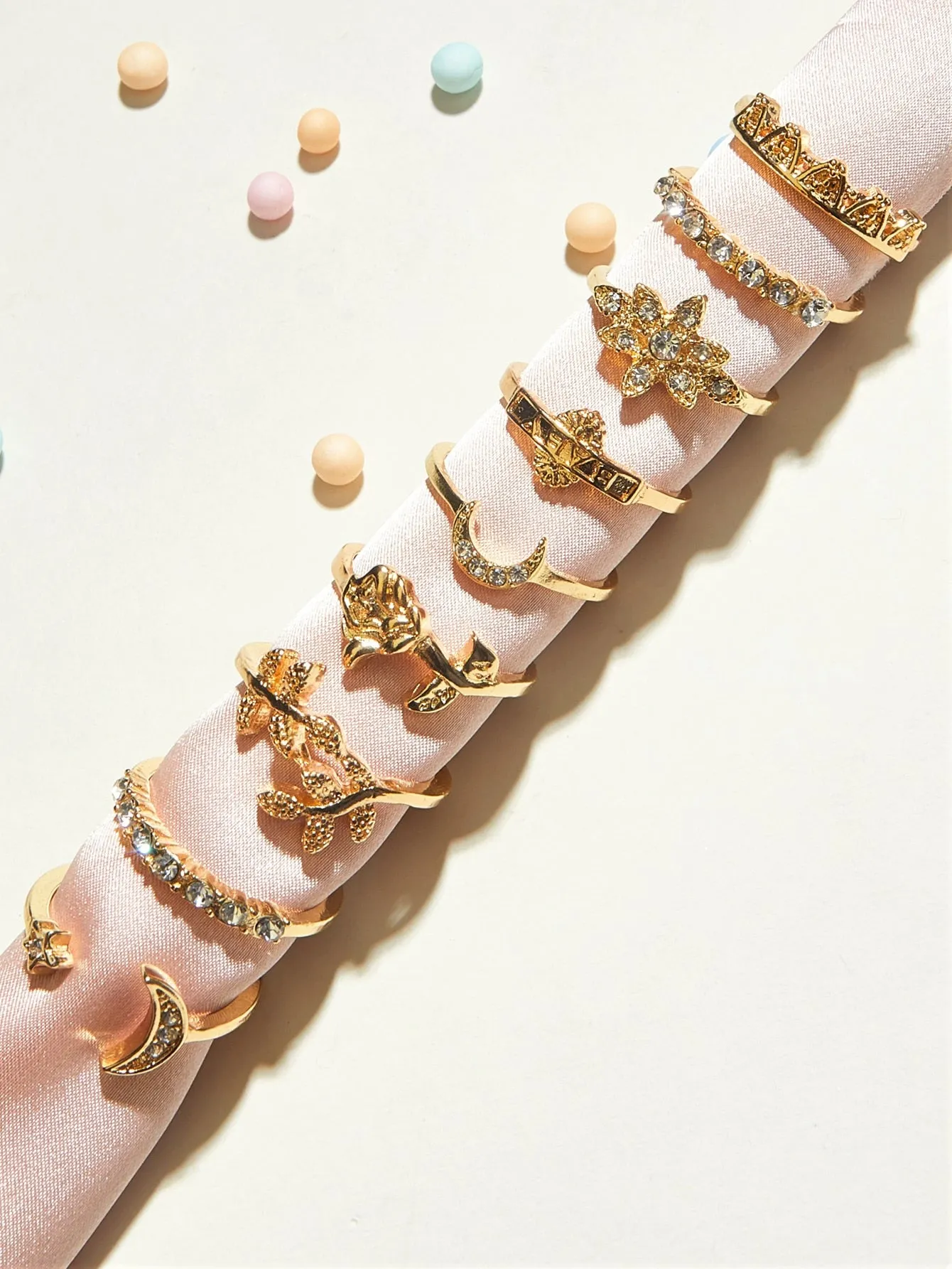 9pcs Rhinestone Decor Moon Rings - Gold