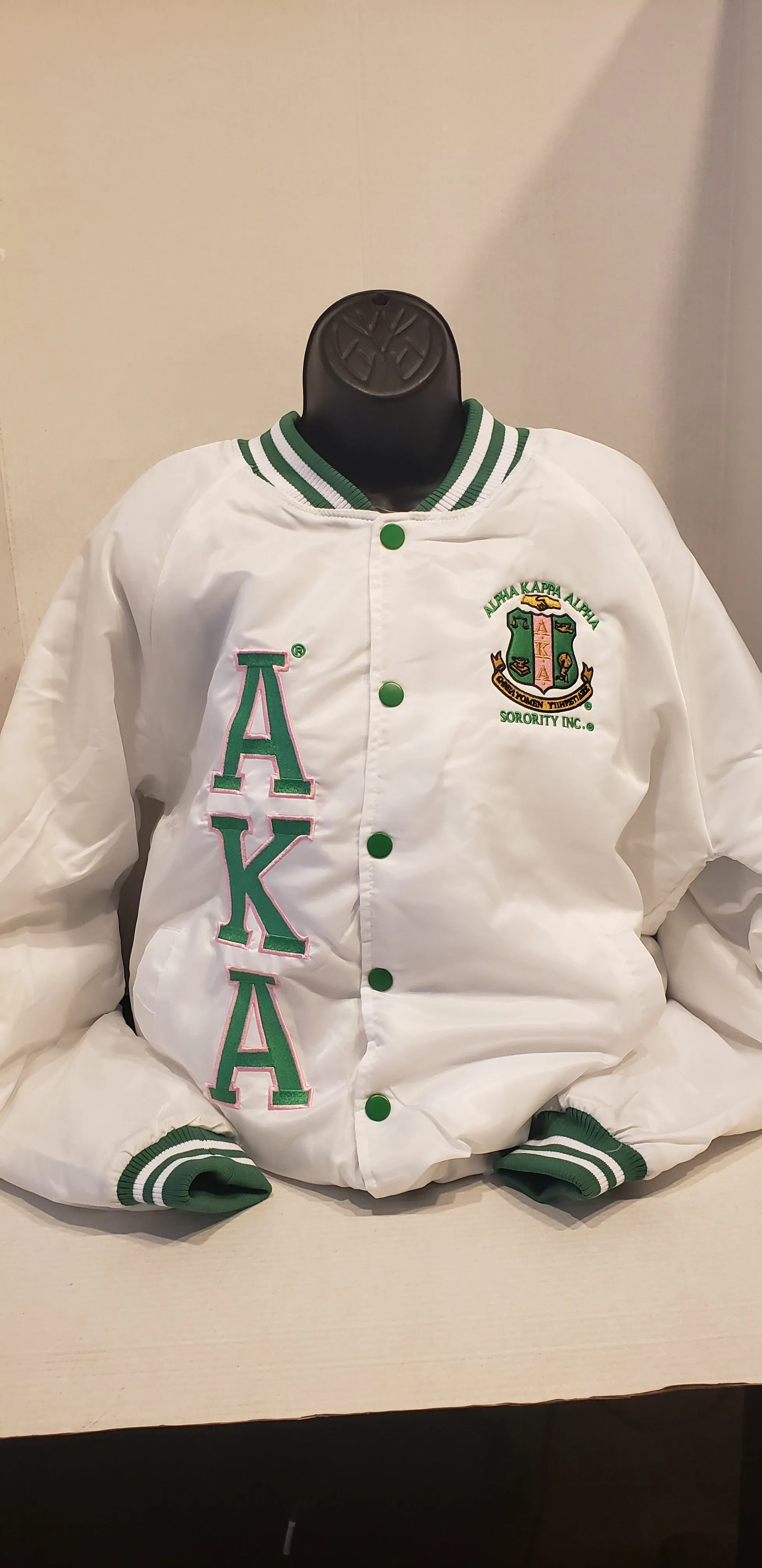 Alpha Kappa Alpha Bomber Satin Jacket(WHT/GRN)Unisex