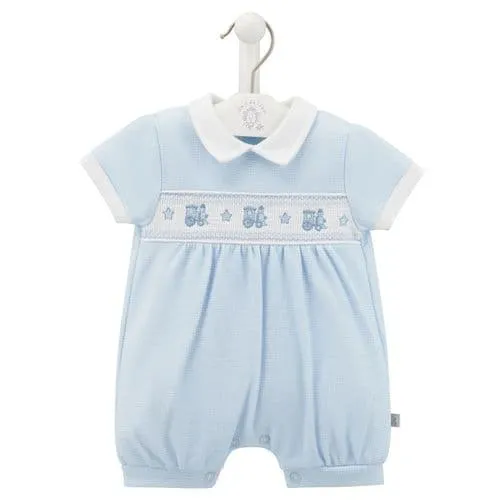 Baby Boys Gingham Checked Train Romper