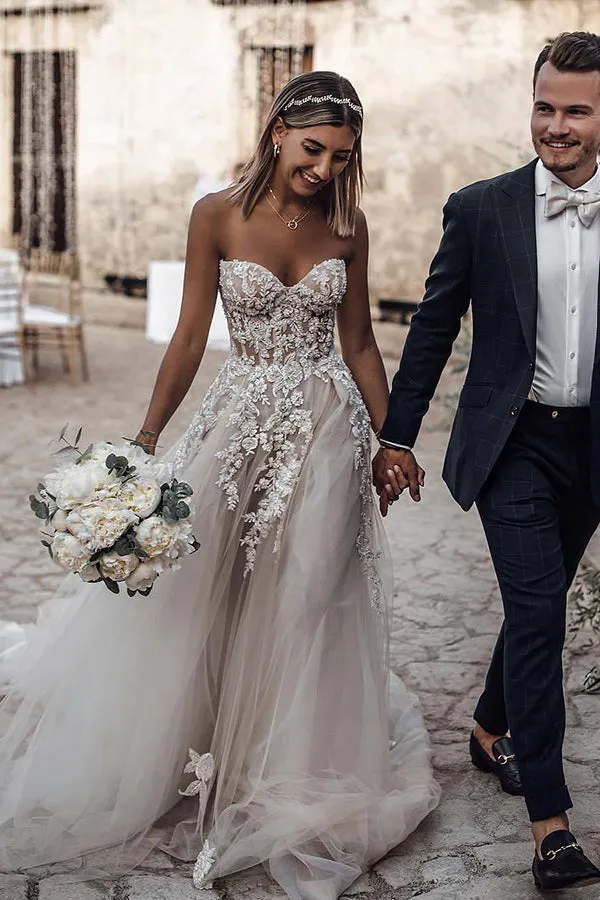 Beautiful A-line See Through Sweetheart Sweep Train Long Wedding Dresses, SW328