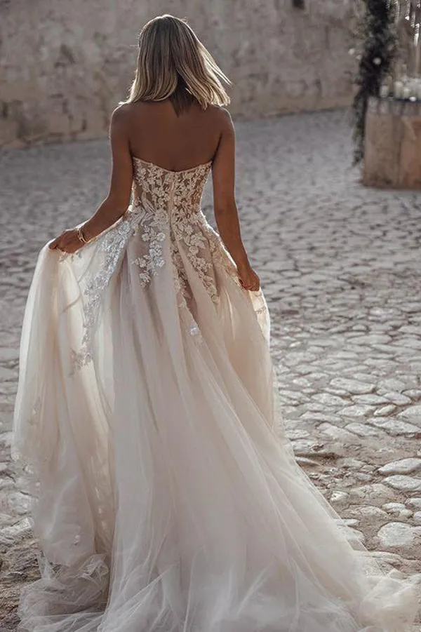 Beautiful A-line See Through Sweetheart Sweep Train Long Wedding Dresses, SW328