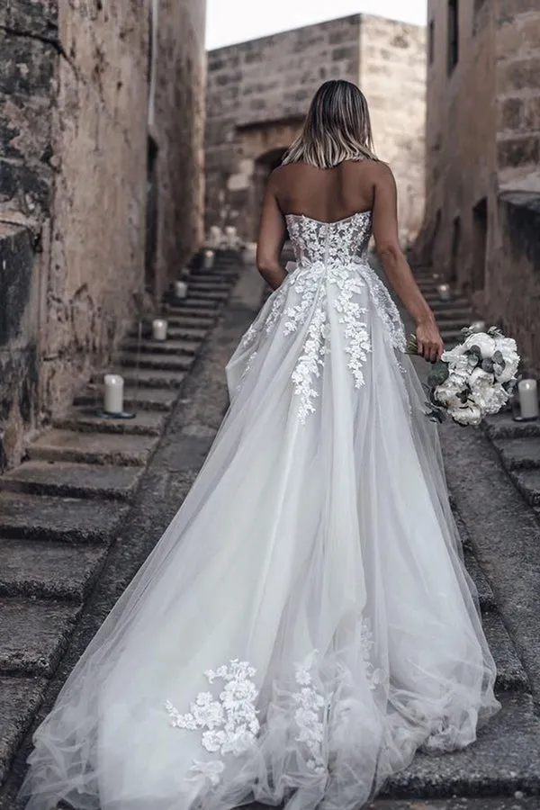Beautiful A-line See Through Sweetheart Sweep Train Long Wedding Dresses, SW328