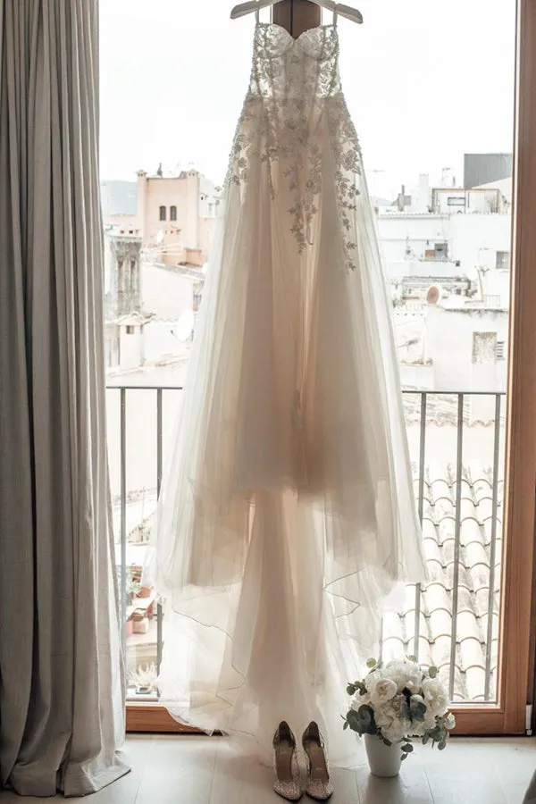 Beautiful A-line See Through Sweetheart Sweep Train Long Wedding Dresses, SW328