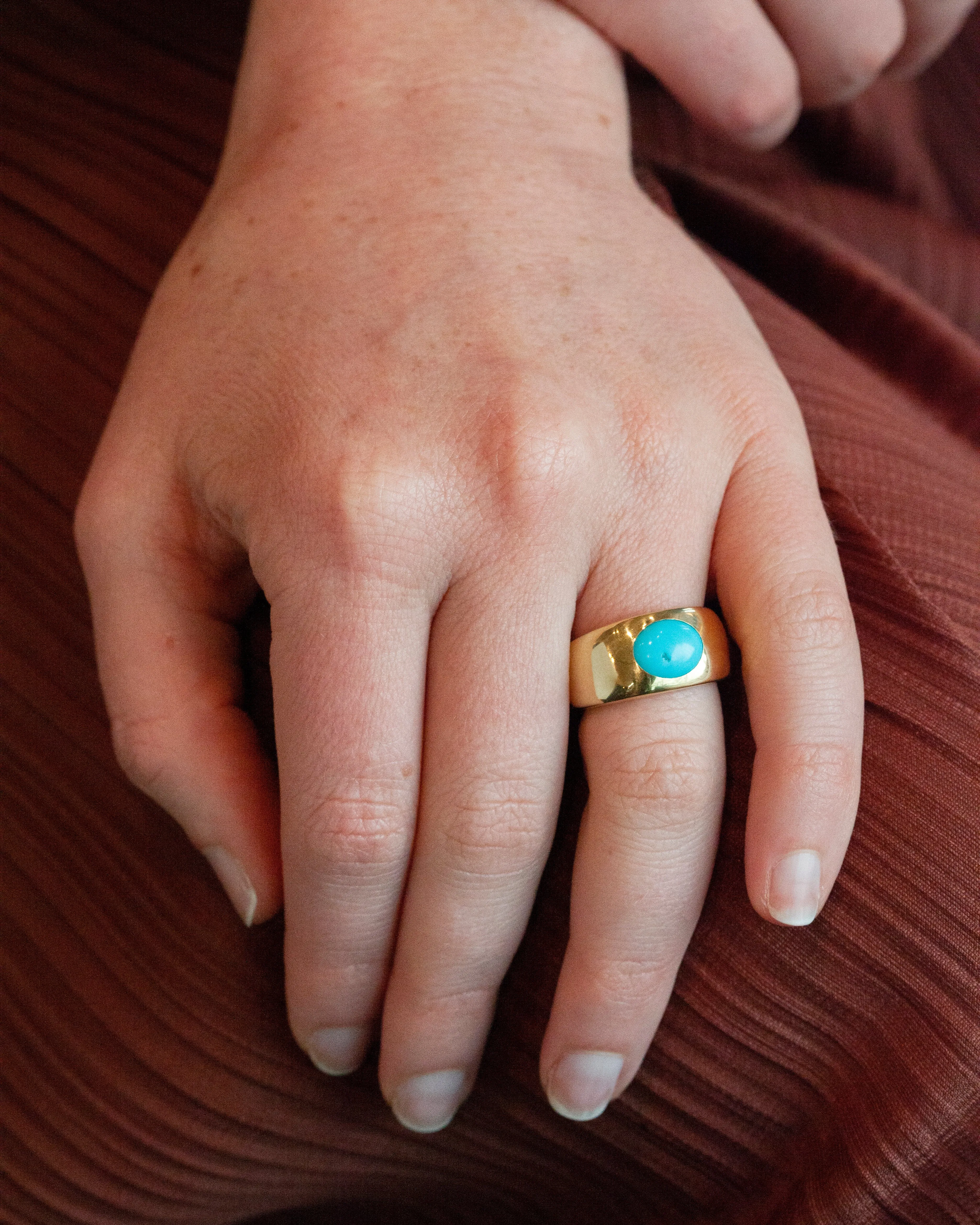 Bell & Bird Heavy Gold Flush Set Turquoise Ring