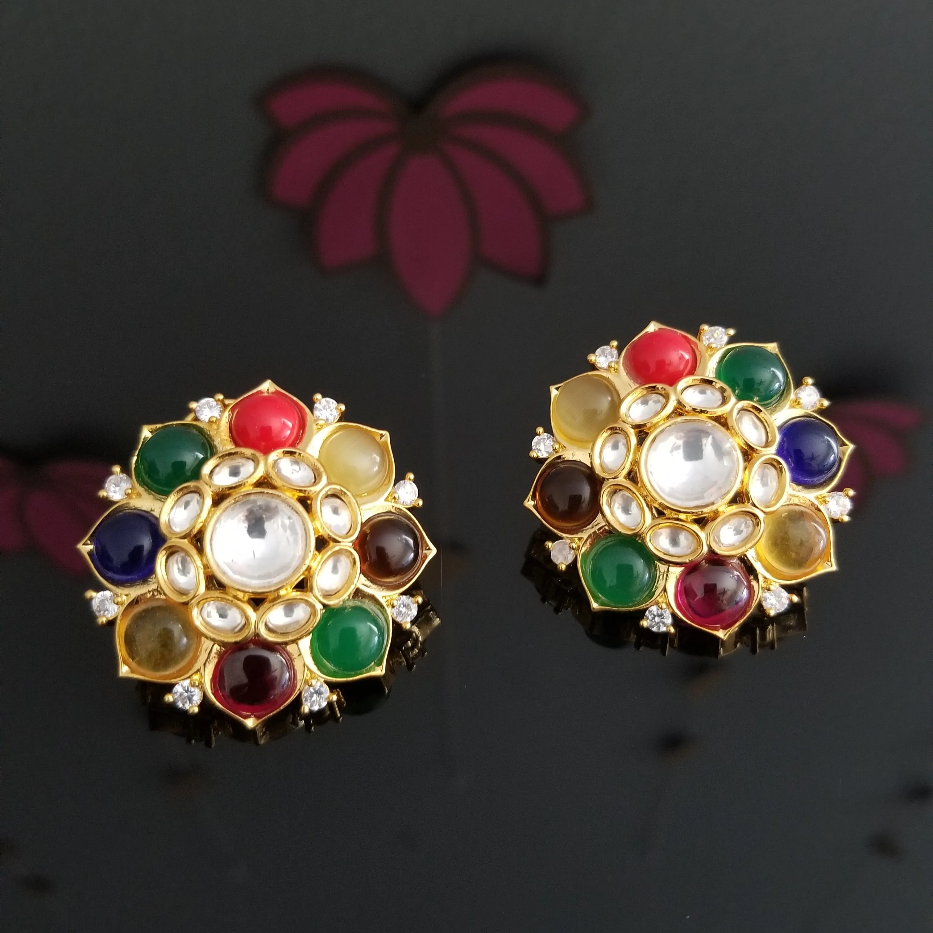 Big Sized Premium Silver Foiled Kundan Navratna Studs