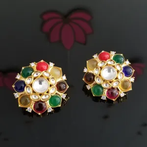 Big Sized Premium Silver Foiled Kundan Navratna Studs