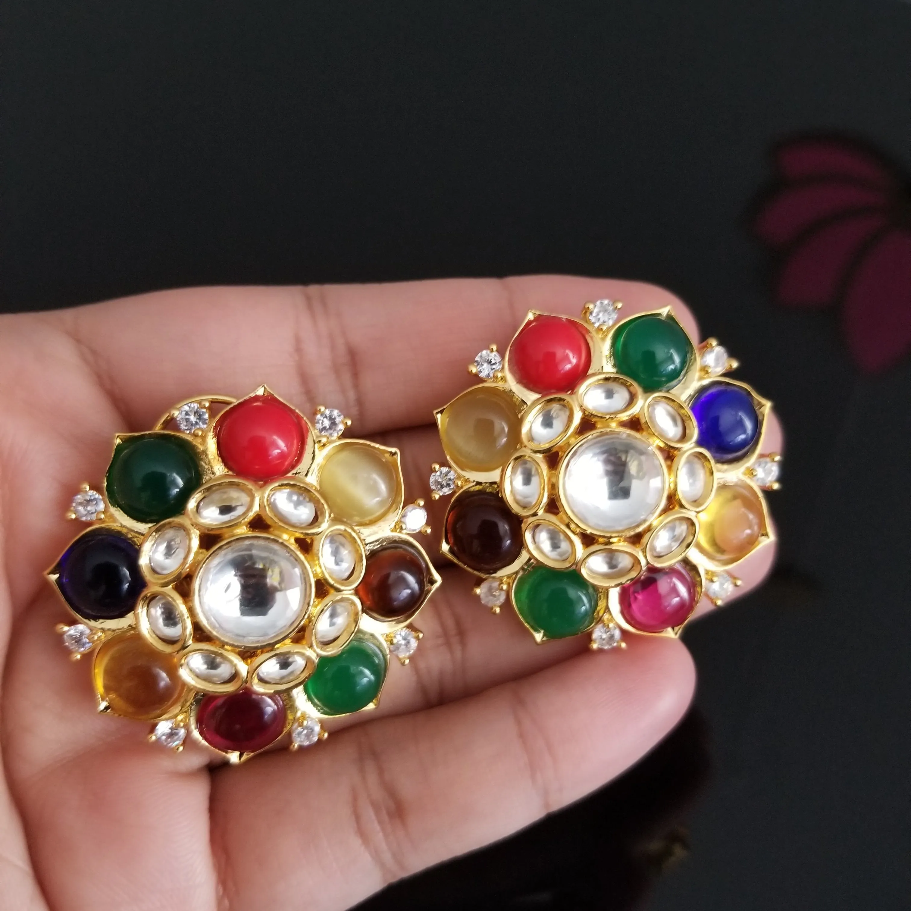 Big Sized Premium Silver Foiled Kundan Navratna Studs
