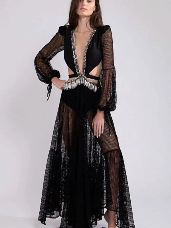 Black Gauze See-Through Maxi Dresses