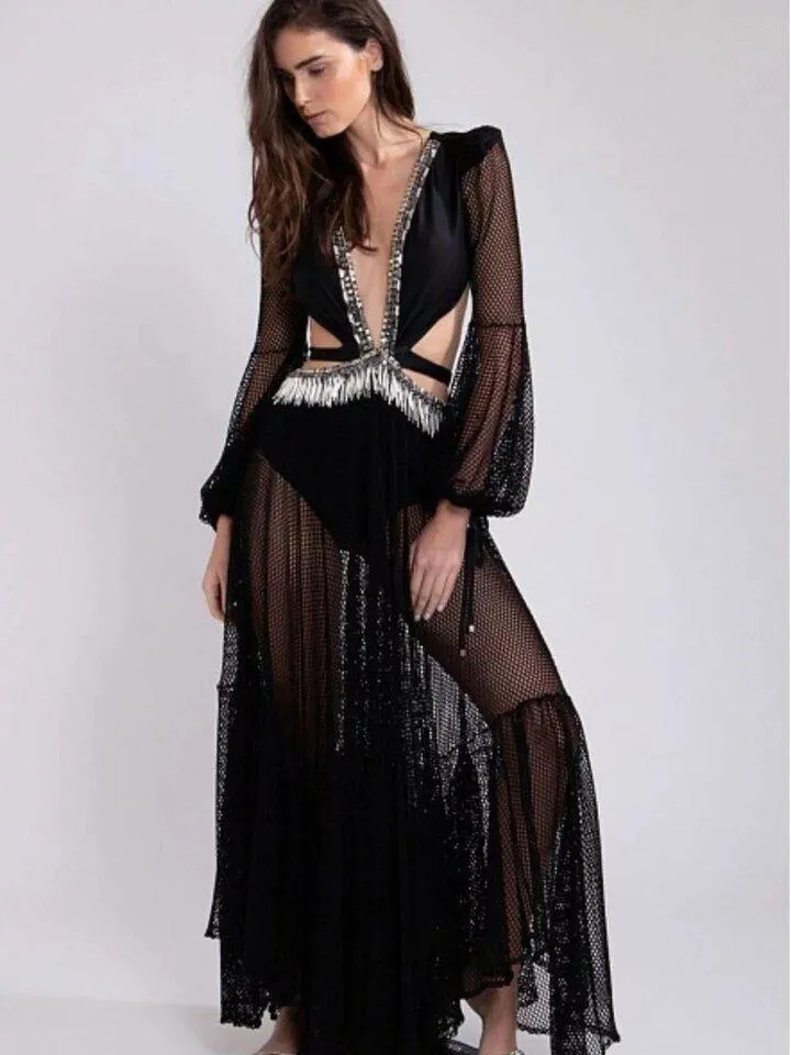 Black Gauze See-Through Maxi Dresses