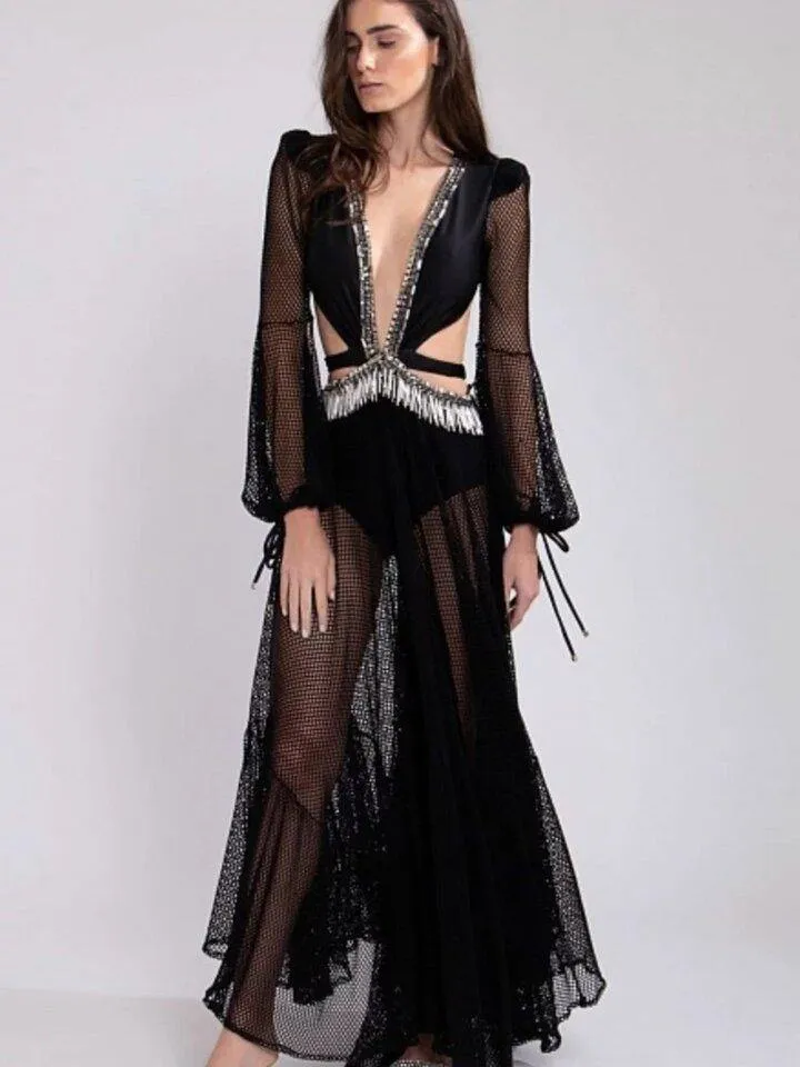 Black Gauze See-Through Maxi Dresses