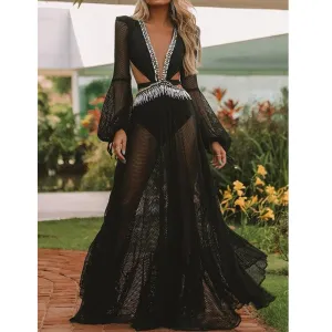 Black Gauze See-Through Maxi Dresses