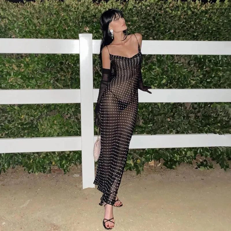 Black Polka Dots See Through Spaghetti Strap Maxi Dress