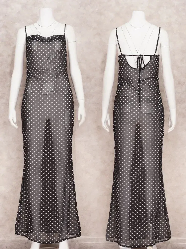 Black Polka Dots See Through Spaghetti Strap Maxi Dress
