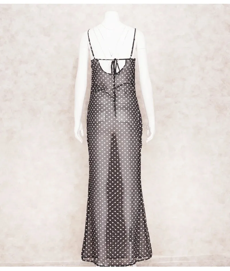Black Polka Dots See Through Spaghetti Strap Maxi Dress